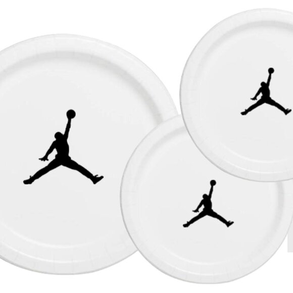 White | Jumpman Plates | Basketball Birthday Paper Plates | Disposable| 60 Piece - Picture 1 of 6